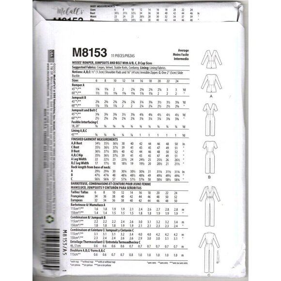McCall's M8153 Misses 16 to 24 Fitted Jumpsuit, Romper Uncut Sewing Pattern - Picture 2 of 2